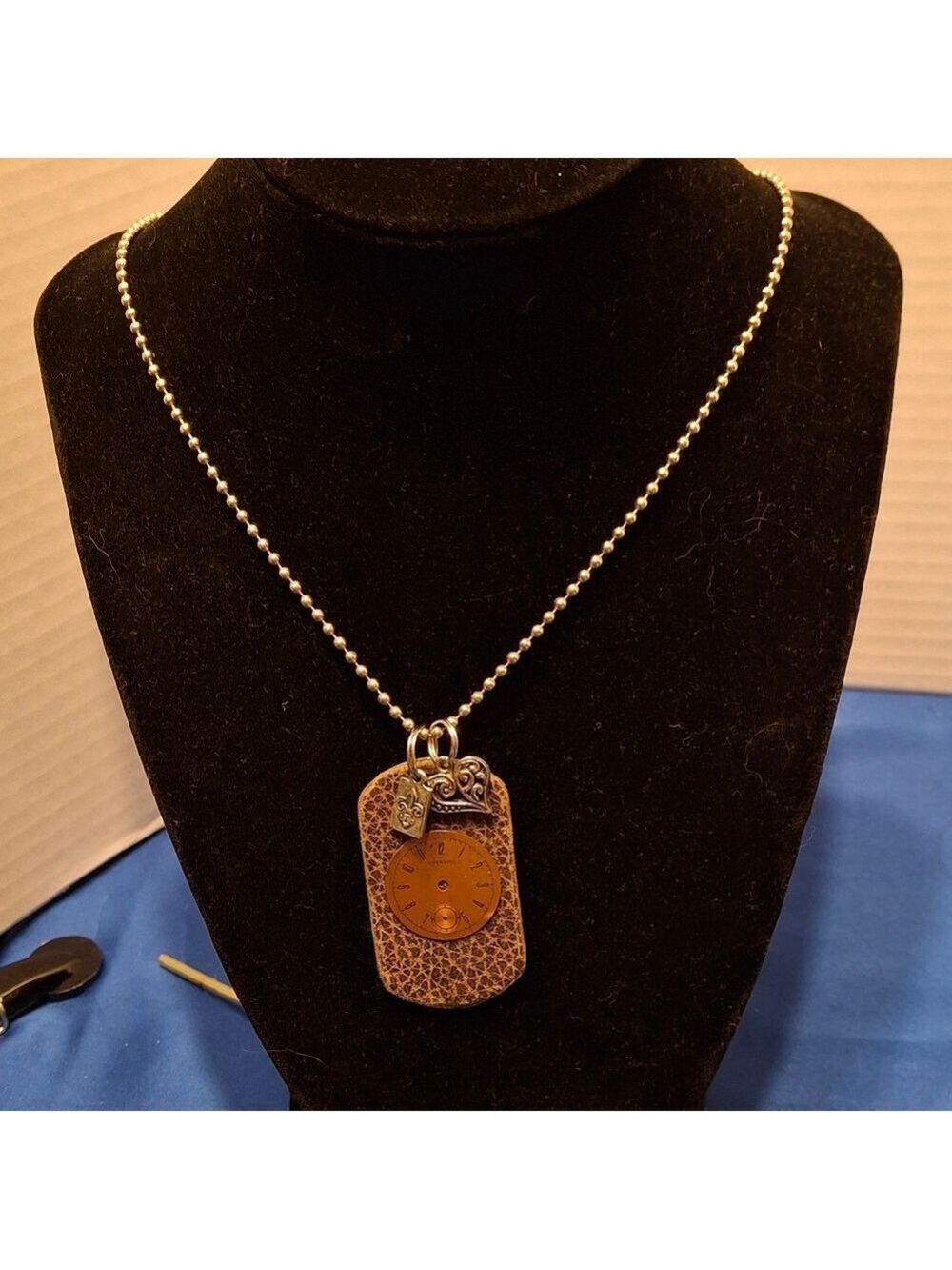 Kate Mesta Vintage Style Dog Tag Pendant Necklace w/ Heart Charm 30" Ball Chain